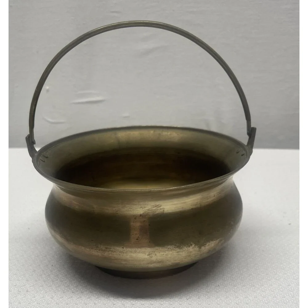 Vintage Solid Brass Cauldron Planter Pot Handle Mid-Century Modern Decor India